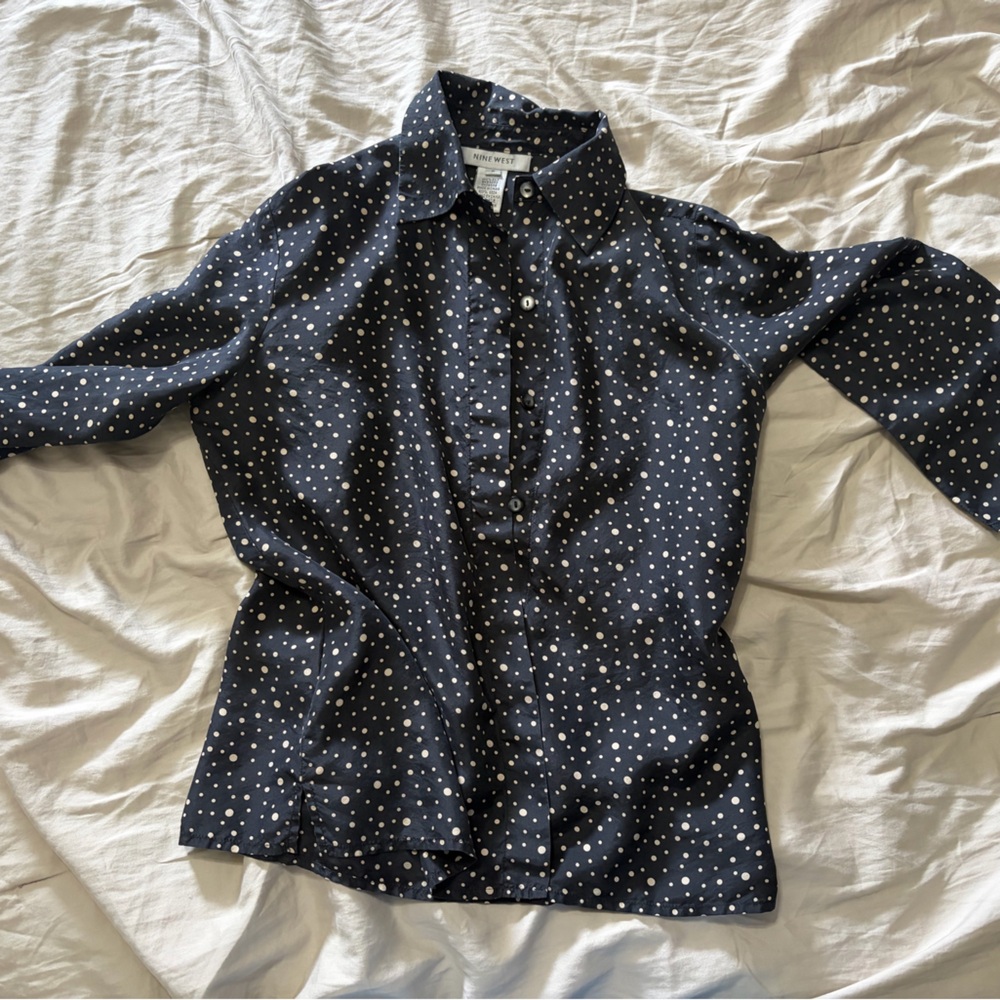 Nine West Black Silk Polka Dot Button-Up Blouse
